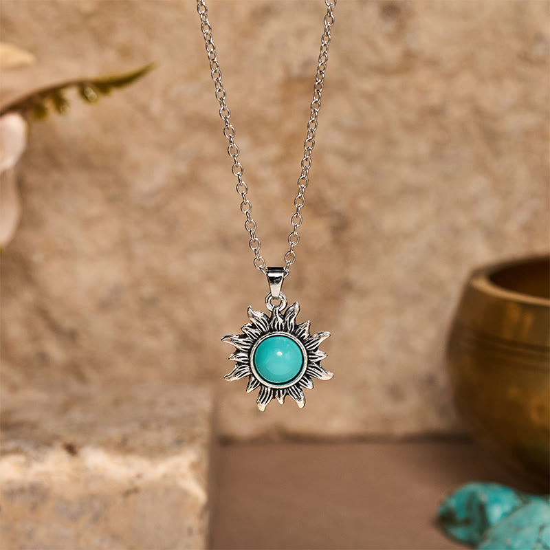 Vintage Silver Sunburst Turquoise Pendant Necklace - Blue - image 0