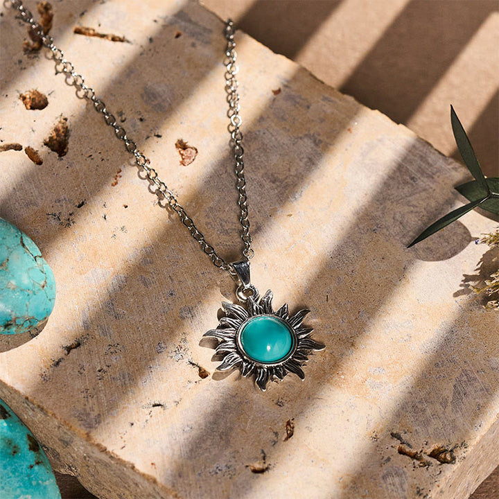 Vintage Silver Sunburst Turquoise Pendant Necklace - image 3