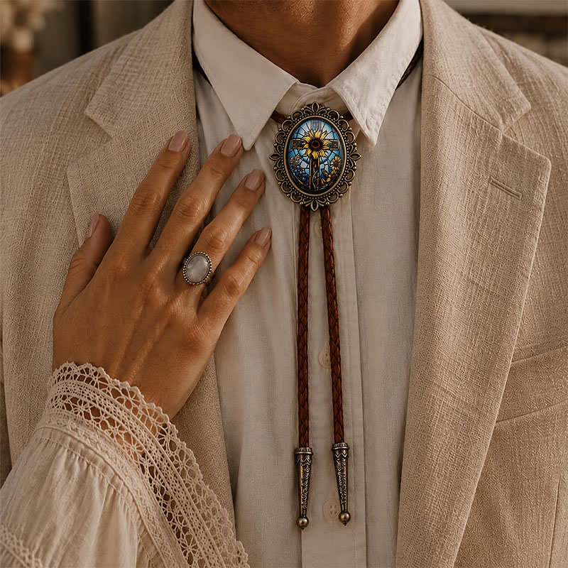 Western Glow-in-the-Dark Sunflower Cross Luminous Bolo Tie - image 2