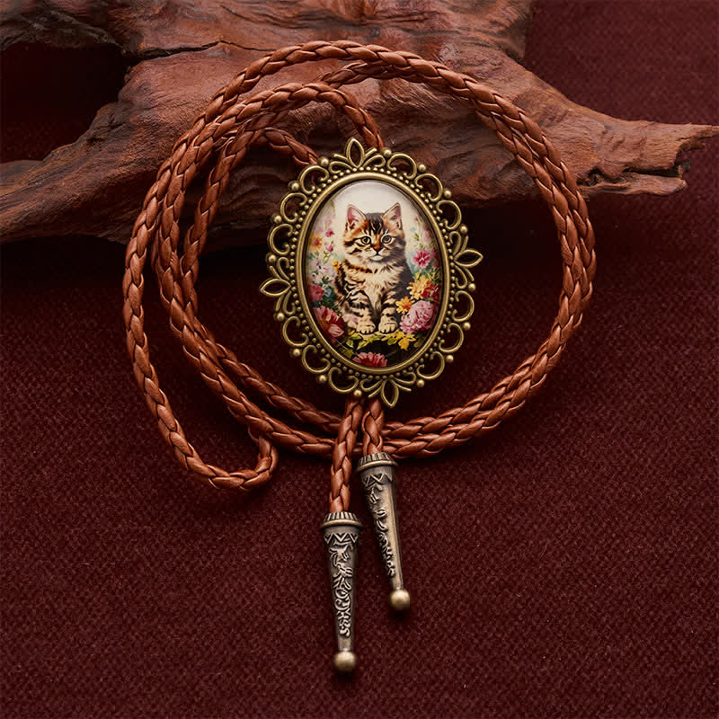 Midnight Garden Floral Cute Cat Luminous Bolo Tie - Brown - image 0