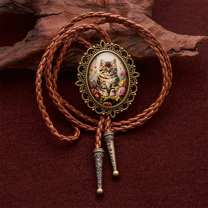 Midnight Garden Floral Cute Cat Luminous Bolo Tie - Brown - image 0