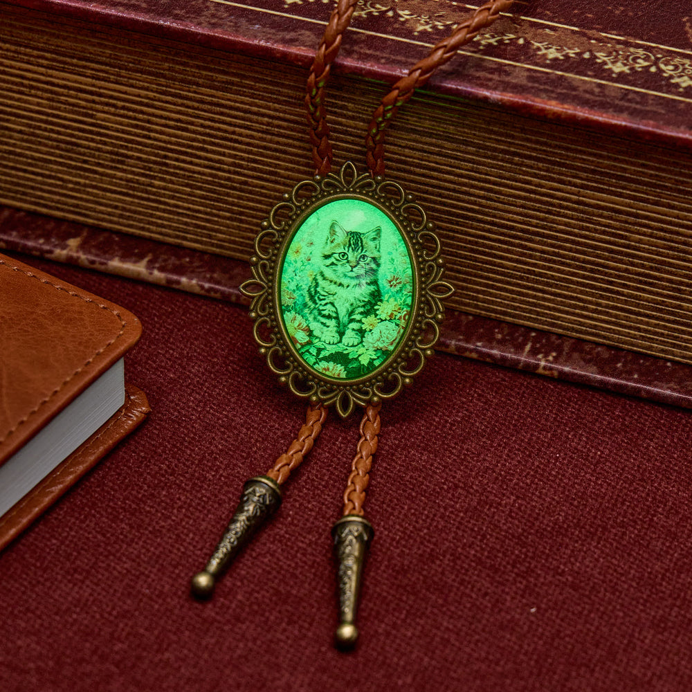 Midnight Garden Floral Cute Cat Luminous Bolo Tie - image 1