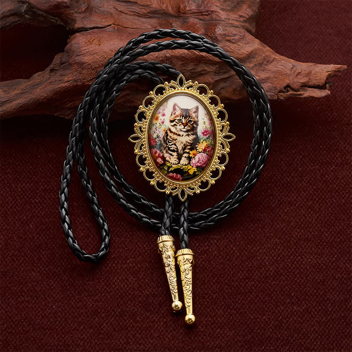 Midnight Garden Floral Cute Cat Luminous Bolo Tie - Black - image 3