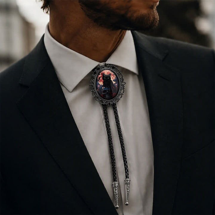 Gothic Black Cat & Skull Glow Pendant Luminous Bolo Tie - image 2