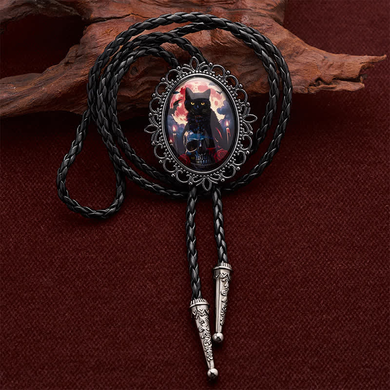 Gothic Black Cat & Skull Glow Pendant Luminous Bolo Tie - Cat & Skull - image 0