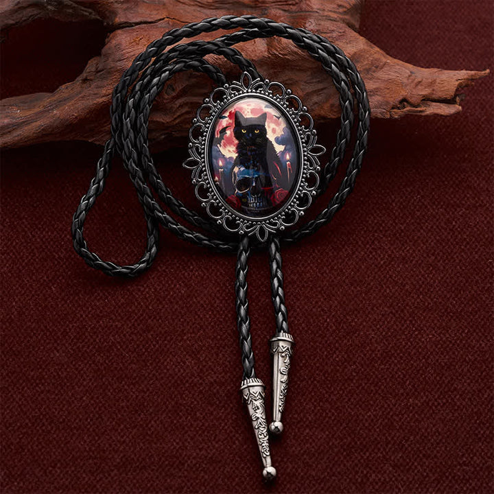 Gothic Black Cat & Skull Glow Pendant Luminous Bolo Tie - Cat & Skull - image 0