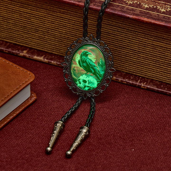 Creepy Raven Skull Cowgoth Luminous Bolo Tie - image 1