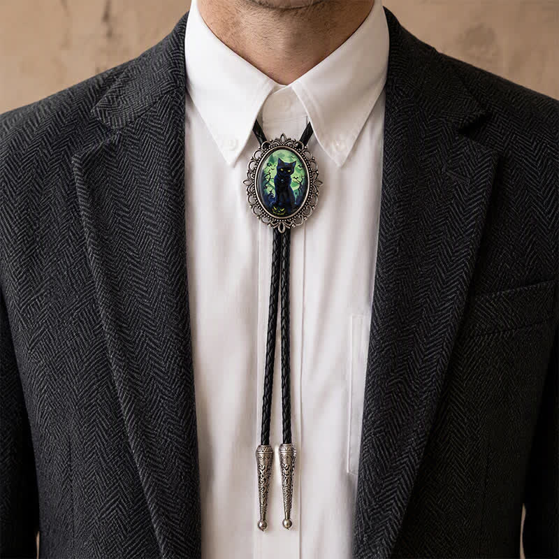 Spooky Black Cat Pumpkin Halloween Luminous Bolo Tie - image 2