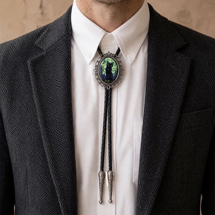 Spooky Black Cat Pumpkin Halloween Luminous Bolo Tie - image 2
