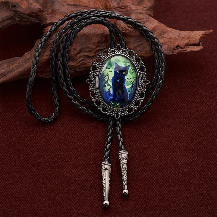 Spooky Black Cat Pumpkin Halloween Luminous Bolo Tie - Spooky Cat - image 0