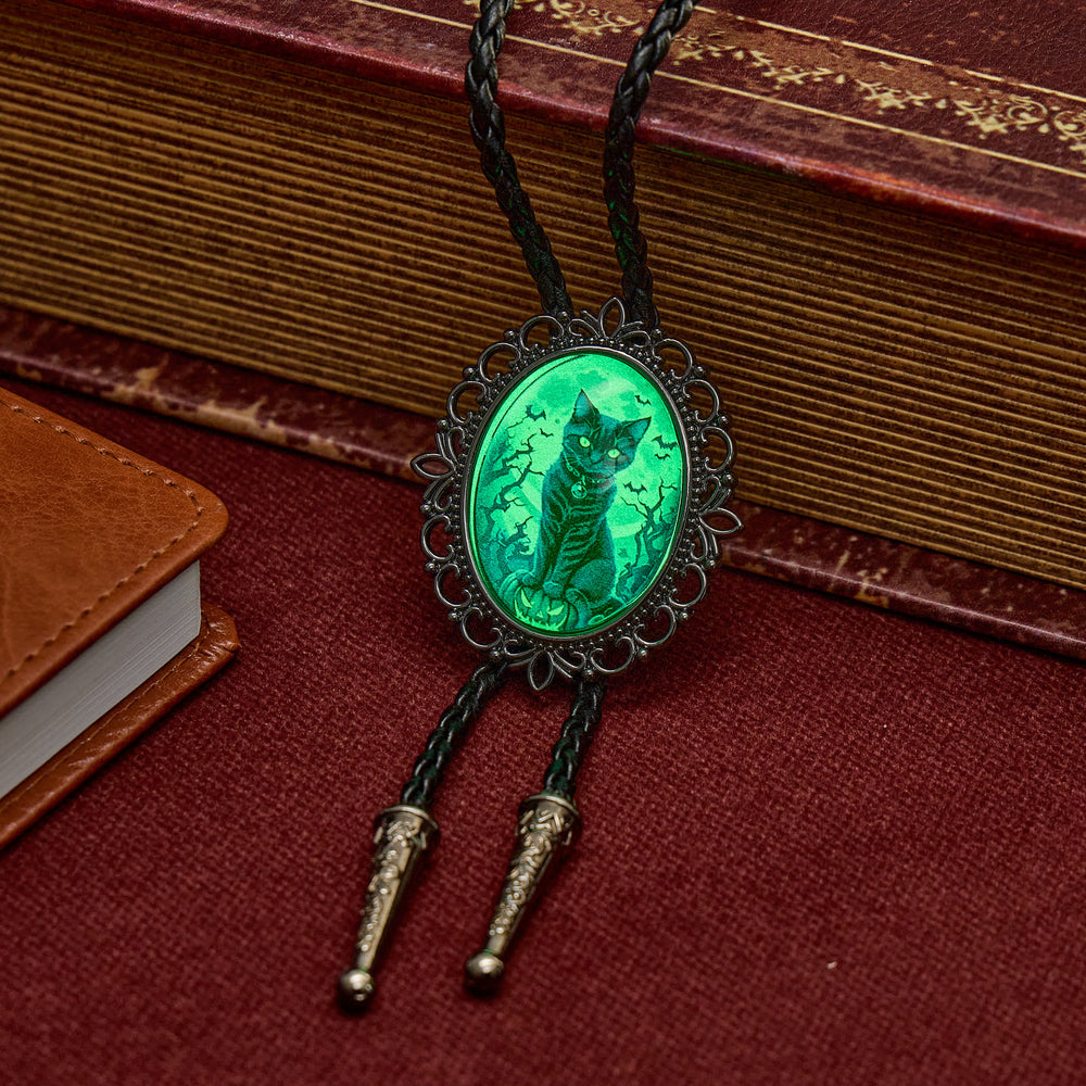 Spooky Black Cat Pumpkin Halloween Luminous Bolo Tie - image 1