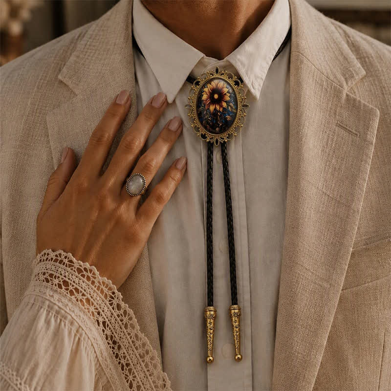 Golden Sunflower Western Floral Pendant Luminous Bolo Tie - image 2