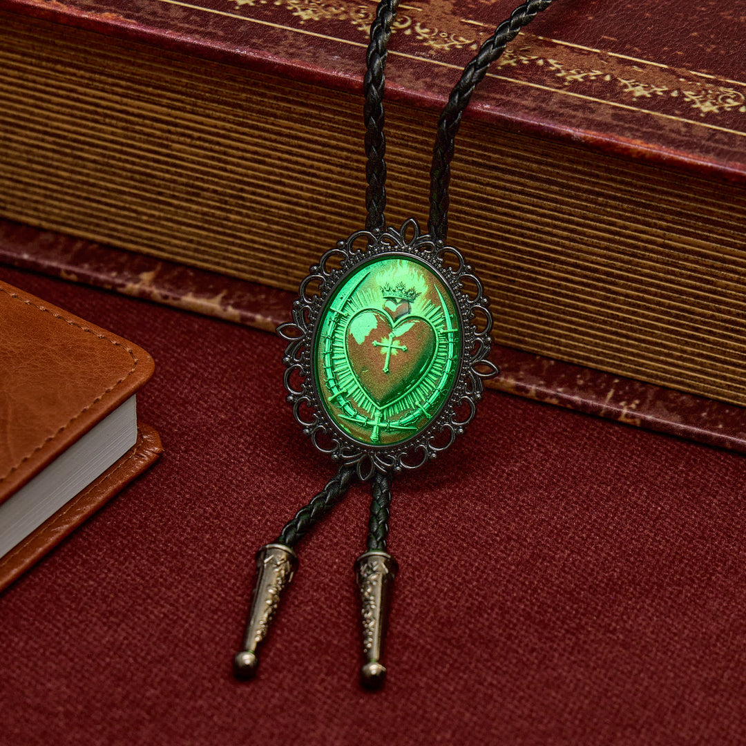 Flaming Sacred Heart Faith Western Luminous Bolo Tie - image 1