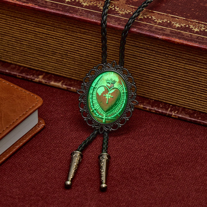 Flaming Sacred Heart Faith Western Luminous Bolo Tie - image 1