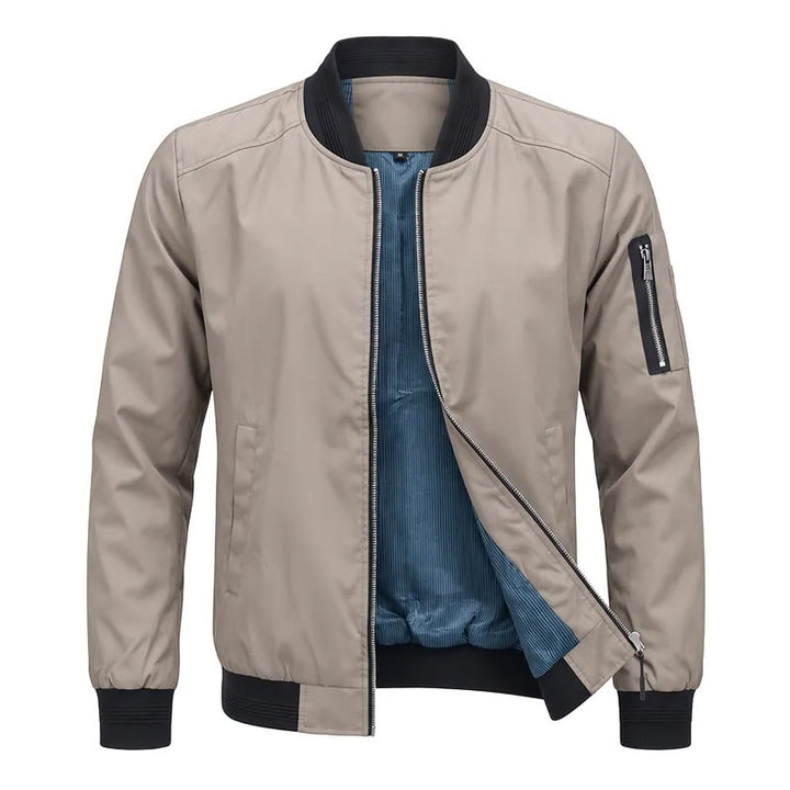 Men's Classic Stand Collar Bomber Jacket - Khaki - 5XL - image 3