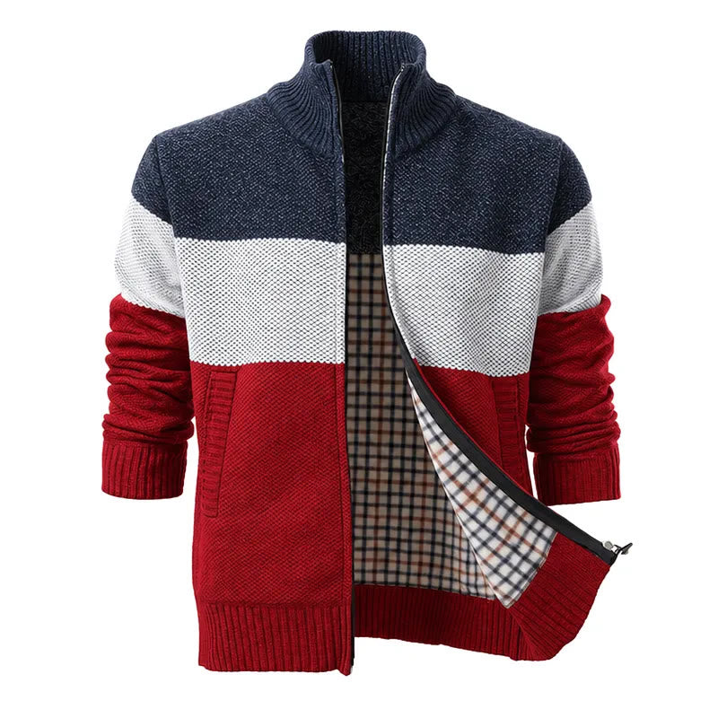 Men's Color-Block Fleece-Lined Knit Cardigan - Navy Blue&Red - 3XL - image 3