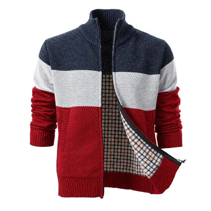 Men's Color-Block Fleece-Lined Knit Cardigan - Navy Blue&Red - 3XL - image 3