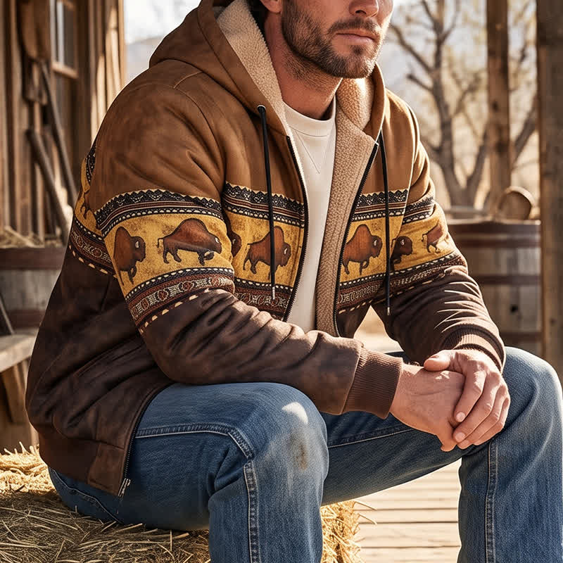 Men's Native Buffalo Pattern Winter Work Hooded Jacket - Caramel & Brown - 4XL - image 0