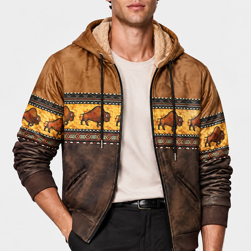 Men's Native Buffalo Pattern Winter Work Hooded Jacket - image 1