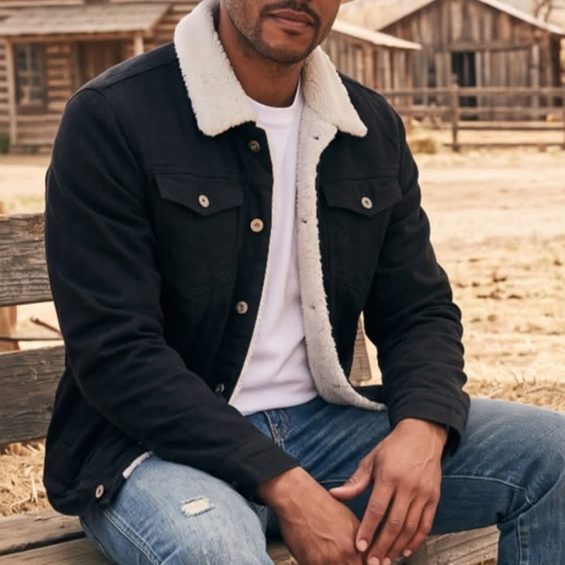 Men's Warm Denim Trucker Jacket With Fleece Collar - Black - 3XL - image 0