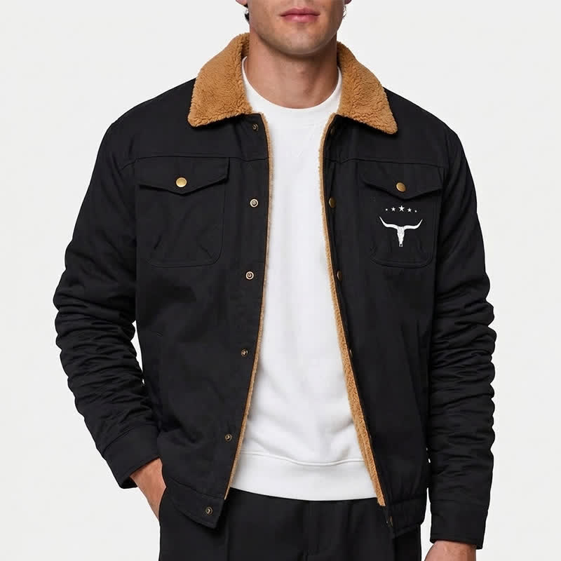 Men's Western Bull Print Canvas Jacket With Stand Collar - image 1
