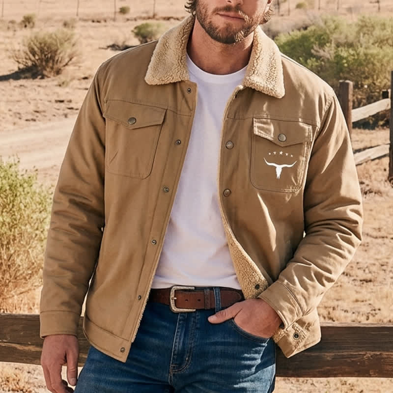 Men's Western Bull Print Canvas Jacket With Stand Collar - Coffee - 5XL - image 5