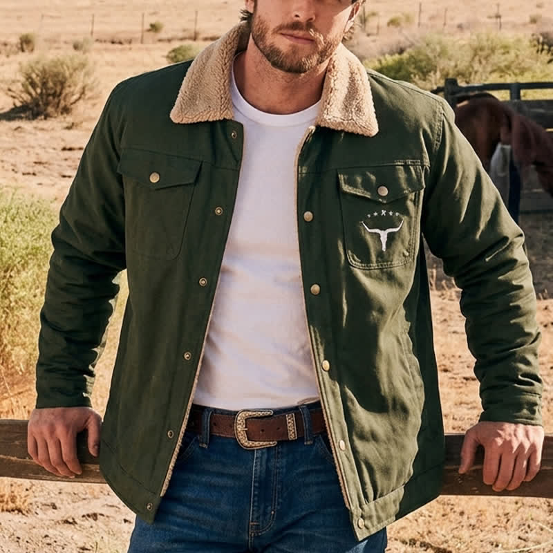 Men's Western Bull Print Canvas Jacket With Stand Collar - Army Green - 5XL - image 6