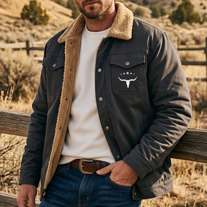 Men's Western Bull Print Canvas Jacket With Stand Collar - Dark Gray - 5XL - image 3