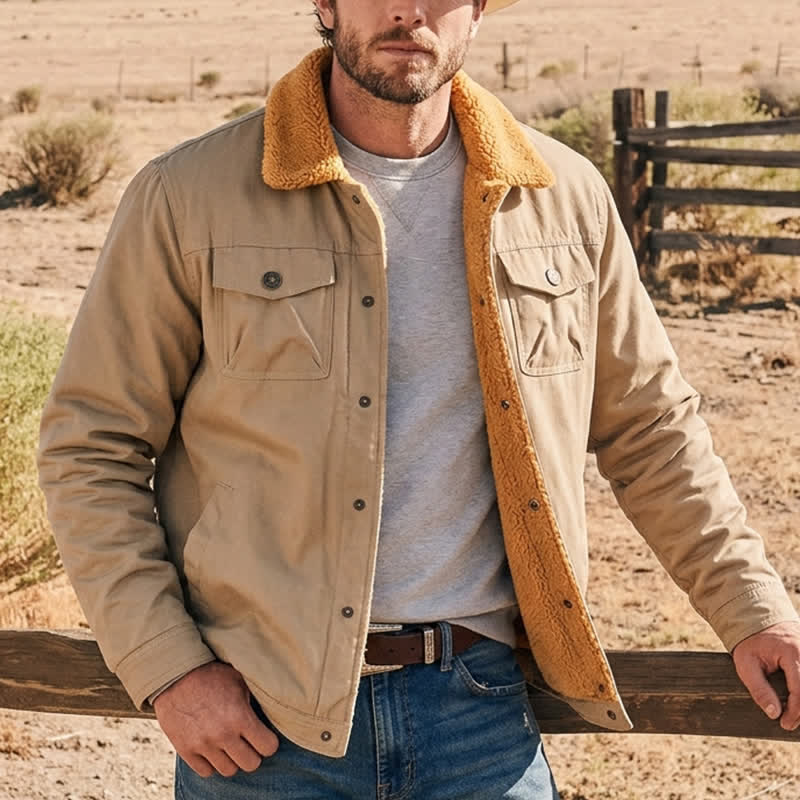 Men's Vintage Thick Warm Canvas Winter Trucker Jacket - Light Khaki - 5XL - image 0