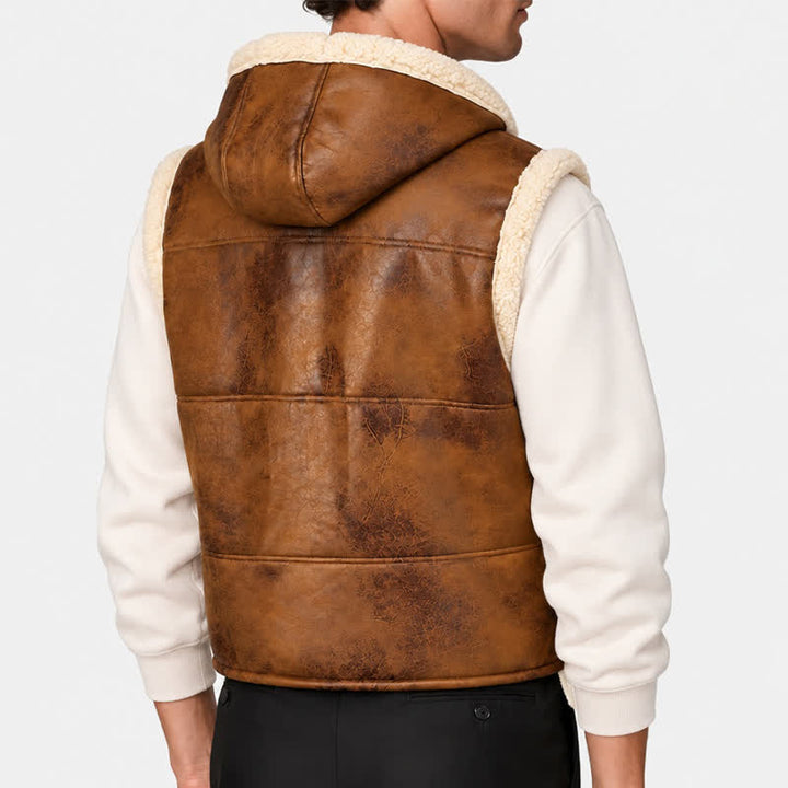 Men's Faux Leather Thicken Lined Sleeveless Vest with Hood - image 2