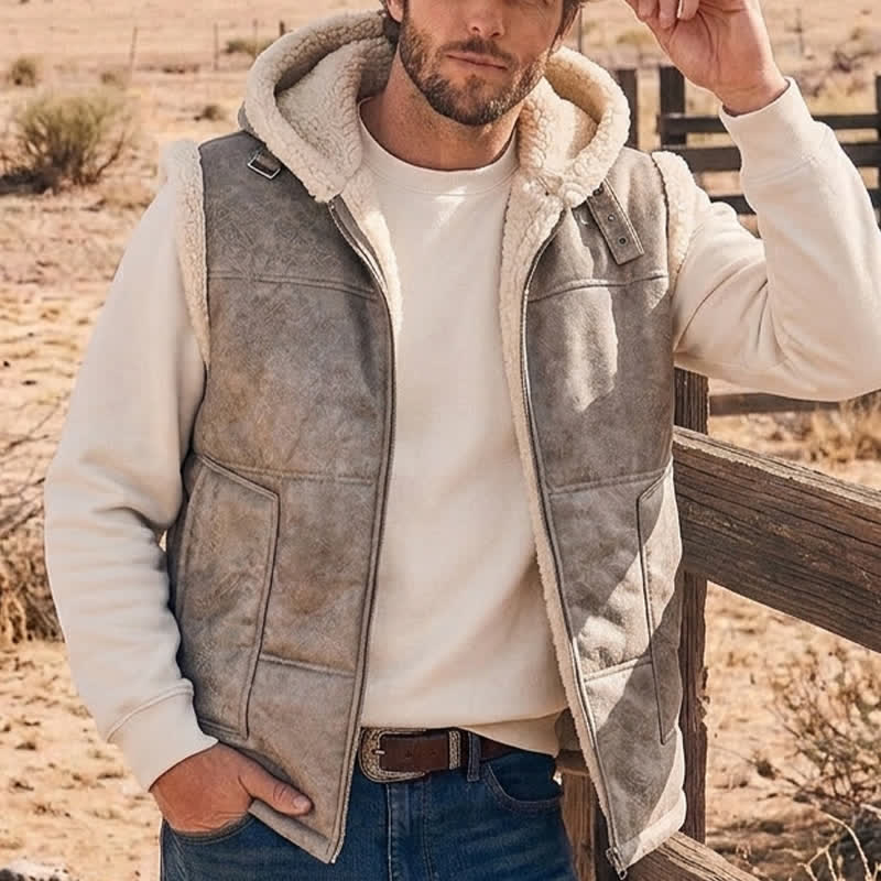 Men's Faux Leather Thicken Lined Sleeveless Vest with Hood - Ivory - 2XL - image 4