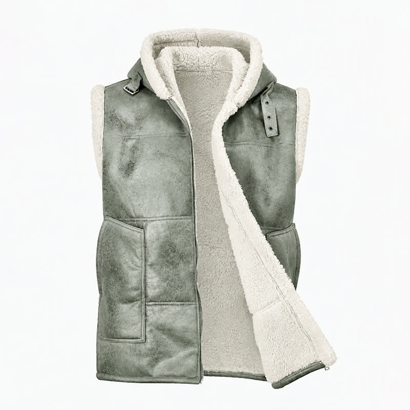 Men's Faux Leather Thicken Lined Sleeveless Vest with Hood - image 15