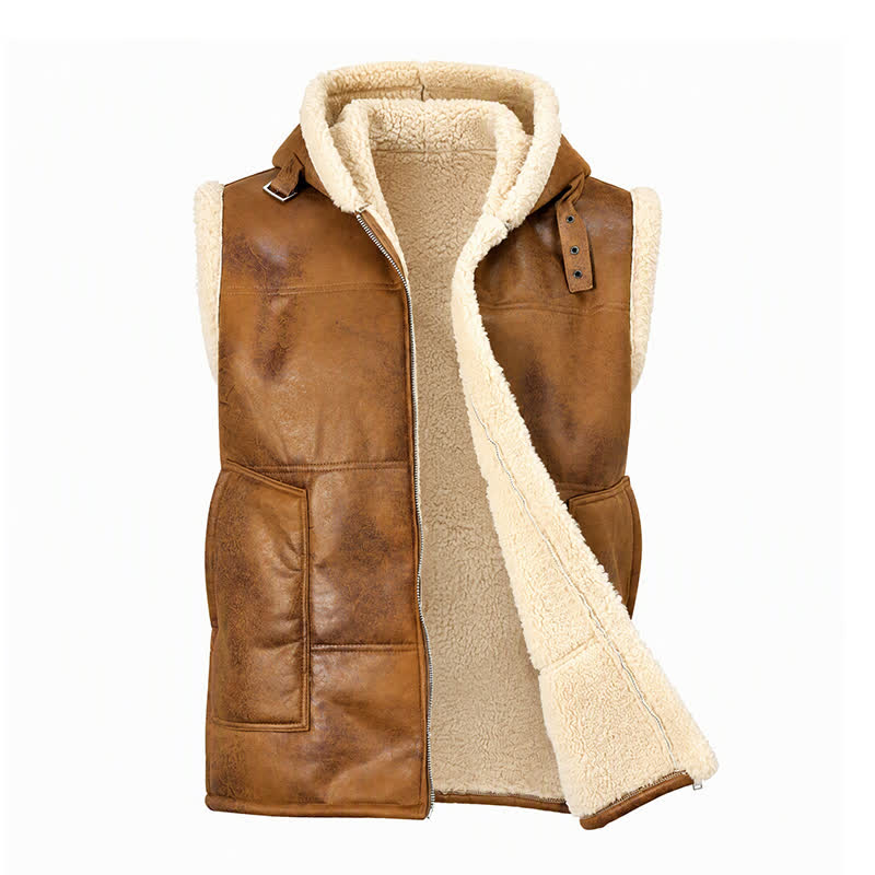 Men's Faux Leather Thicken Lined Sleeveless Vest with Hood - image 12