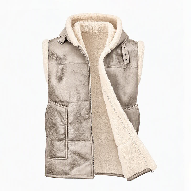 Men's Faux Leather Thicken Lined Sleeveless Vest with Hood - image 14