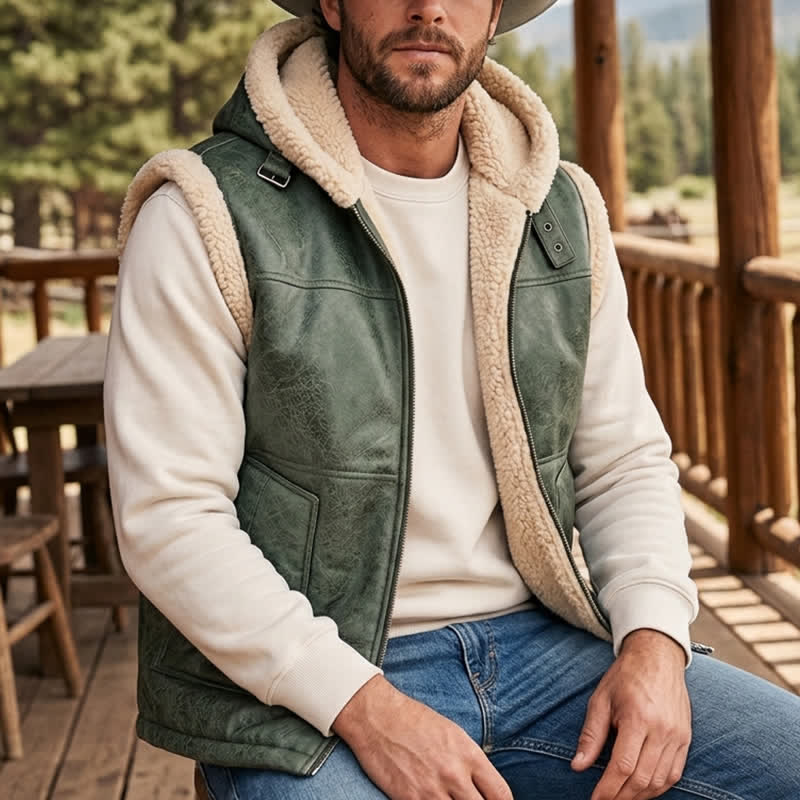 Men's Faux Leather Thicken Lined Sleeveless Vest with Hood - Light Green - 2XL - image 5