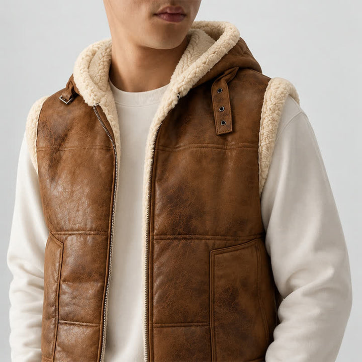 Men's Faux Leather Thicken Lined Sleeveless Vest with Hood - image 3