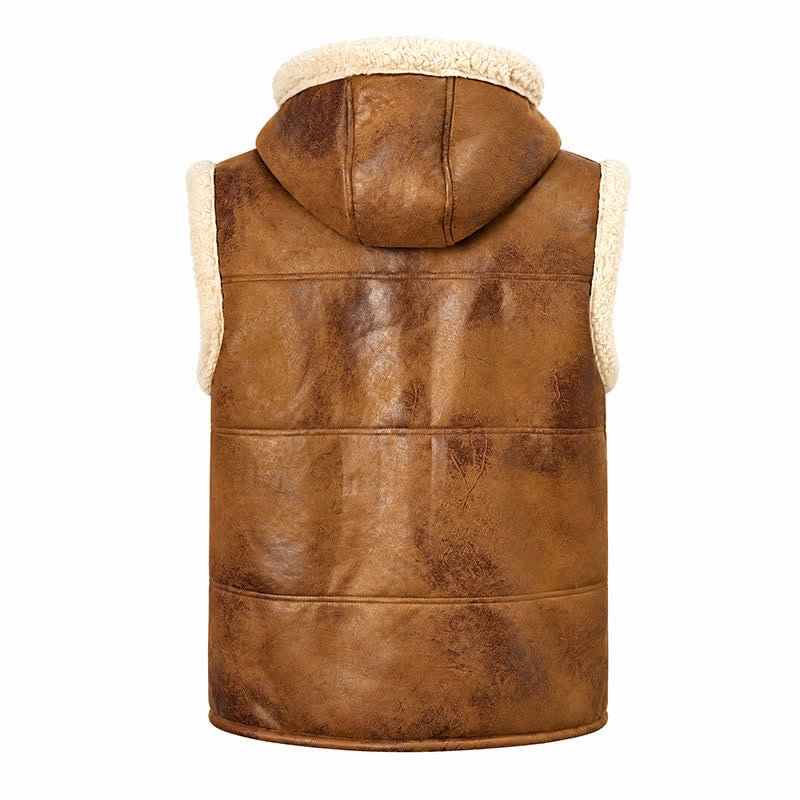 Men's Faux Leather Thicken Lined Sleeveless Vest with Hood - image 13