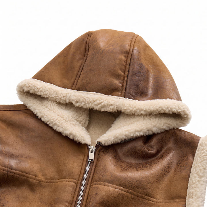 Men's Faux Leather Thicken Lined Sleeveless Vest with Hood - image 6