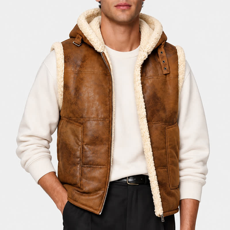 Men's Faux Leather Thicken Lined Sleeveless Vest with Hood - image 1