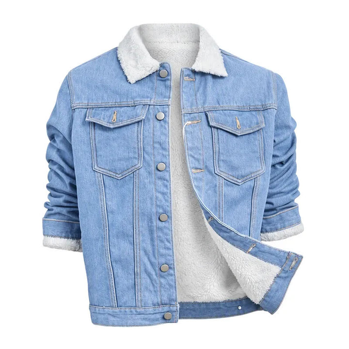 Men's Fleece-Lined Denim Trucker Jacket - Light Blue - 4XL - image 2