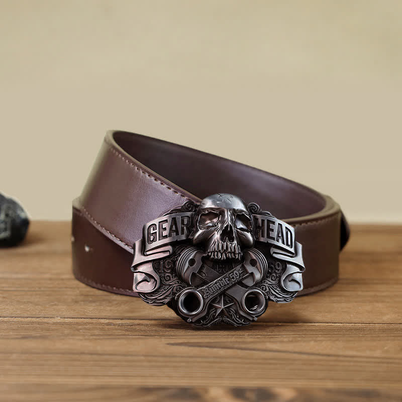 Men's DIY Gear Head Piston Skull Buckle Leather Belt