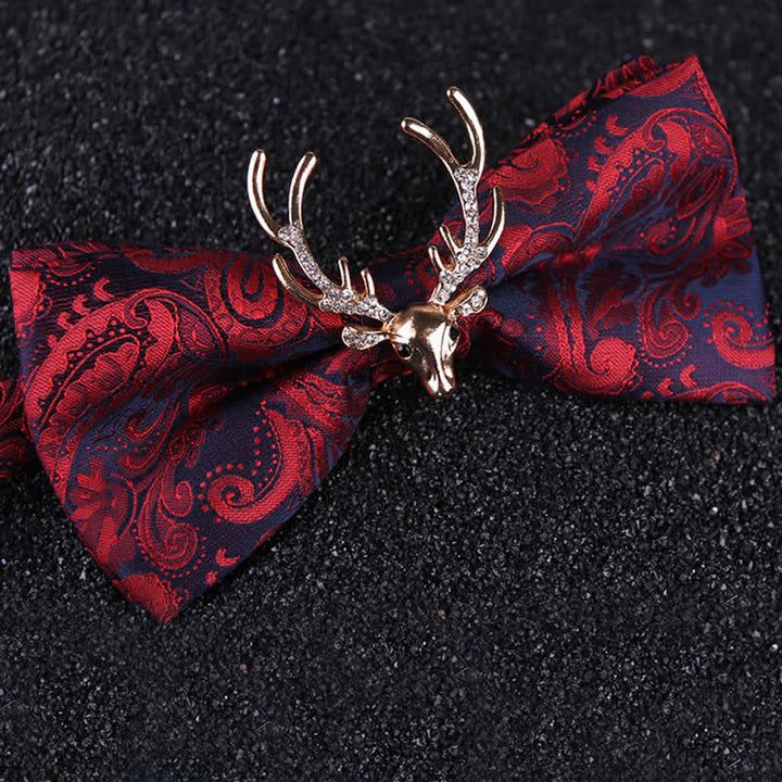 Men's Paisley Christmas Elk Head Decor Bow Tie - Red & Gold - image 9