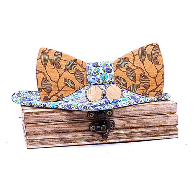 3Pcs Men's Leaf Patterned Wooden Bow Tie Set