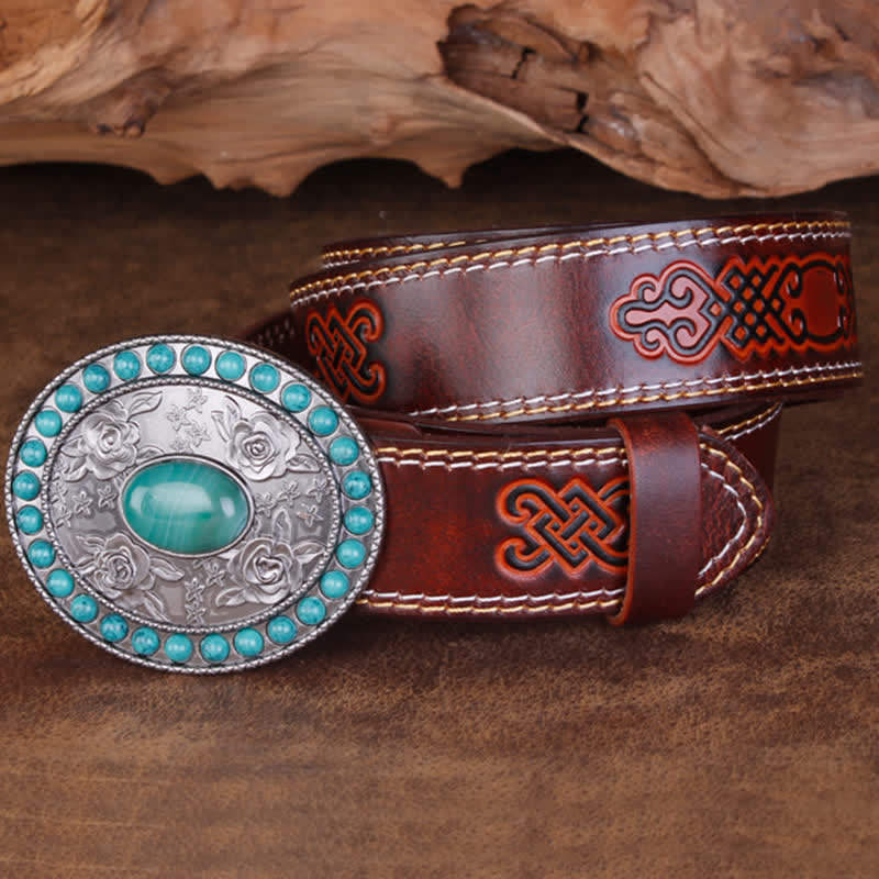 Unisex Carved Rose Turquoise Jade Agate Leather Belt