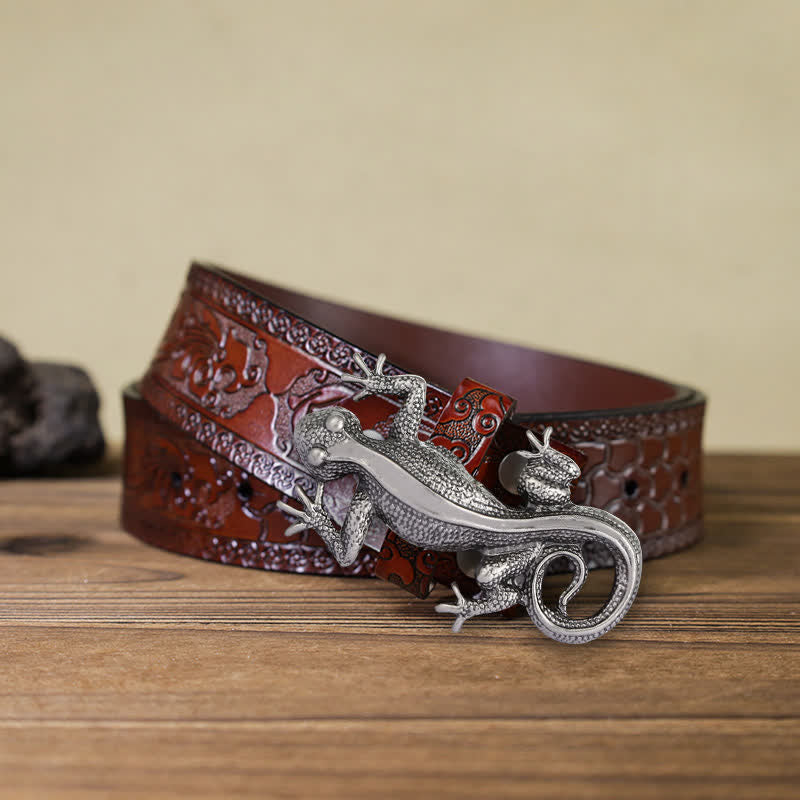 Men's DIY Unique Animal Silver Lizard Buckle Leather Belt