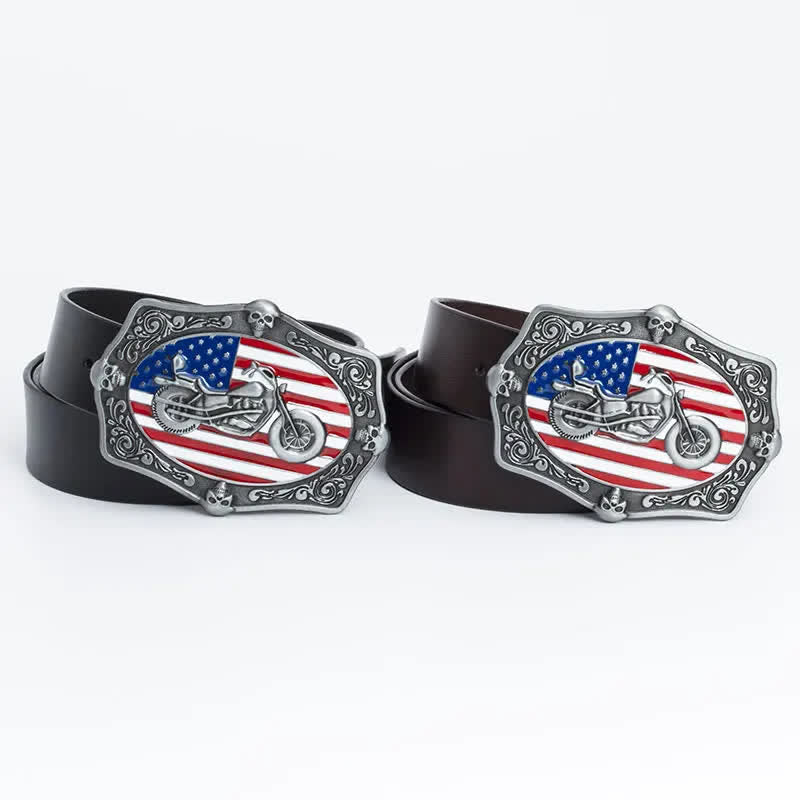 Men's Motorcycle American Flag Skull Leather Belt