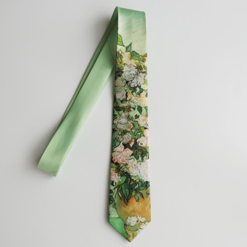 Men's Light Green White Roses Floral Necktie