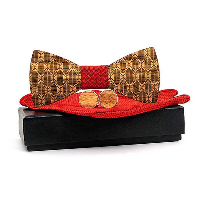 3Pcs Men's Carving Crown Wooden Bow Tie Set