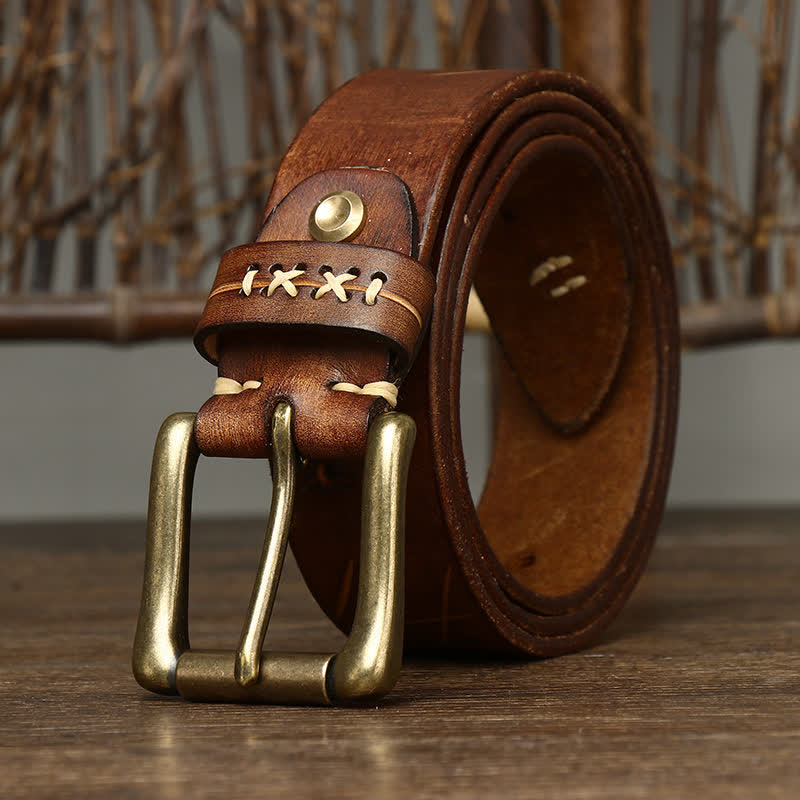 Men's Vintage Fancy Carving Leather Belt - Khaki - 46 - image 5