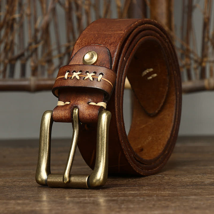 Men's Vintage Fancy Carving Leather Belt - Khaki - 46 - image 5